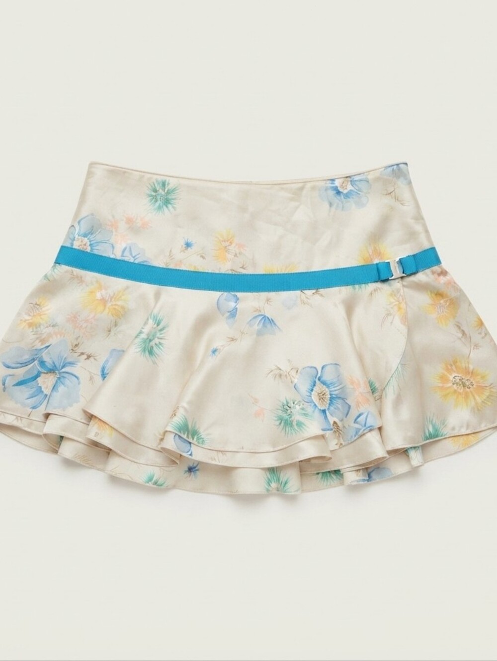 Abercrombie vintage cream silk miniskirt with blue ribbon, floral print, and gem - Picture 1 of 4